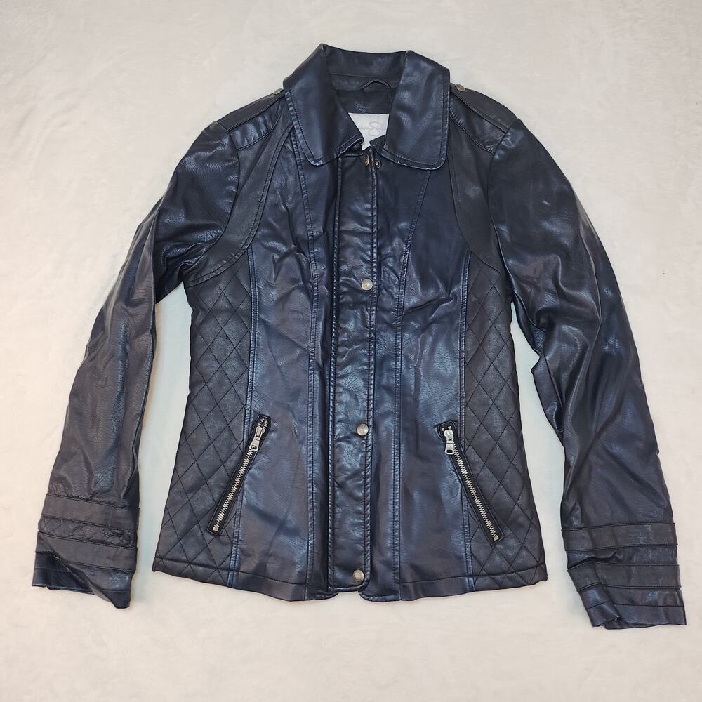 Cyberpunk Biker Faux Leather Jacket Womens Medium Blue Black Matrixcore Grunge